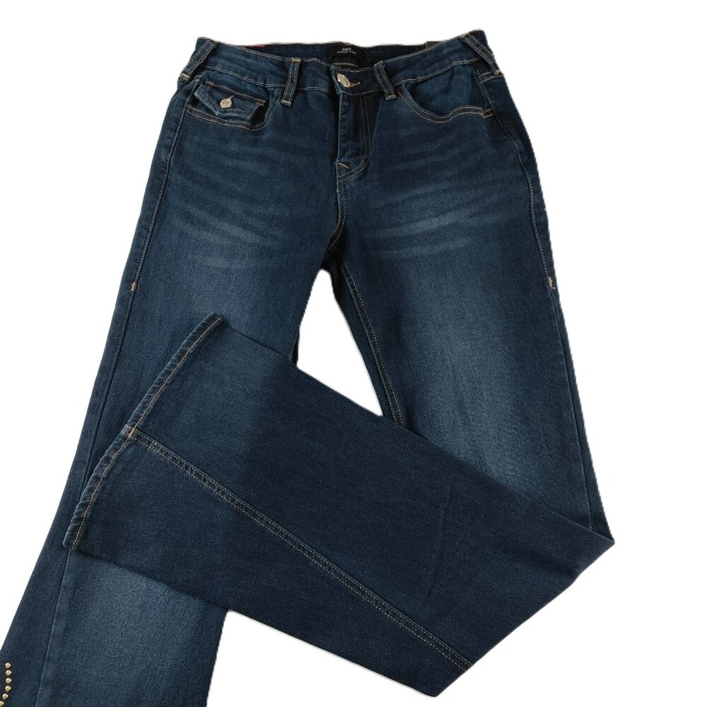 True Religion Joey Studded Flare Leg Jeans Women's 28 Dark Oak Wash Flap Pockets